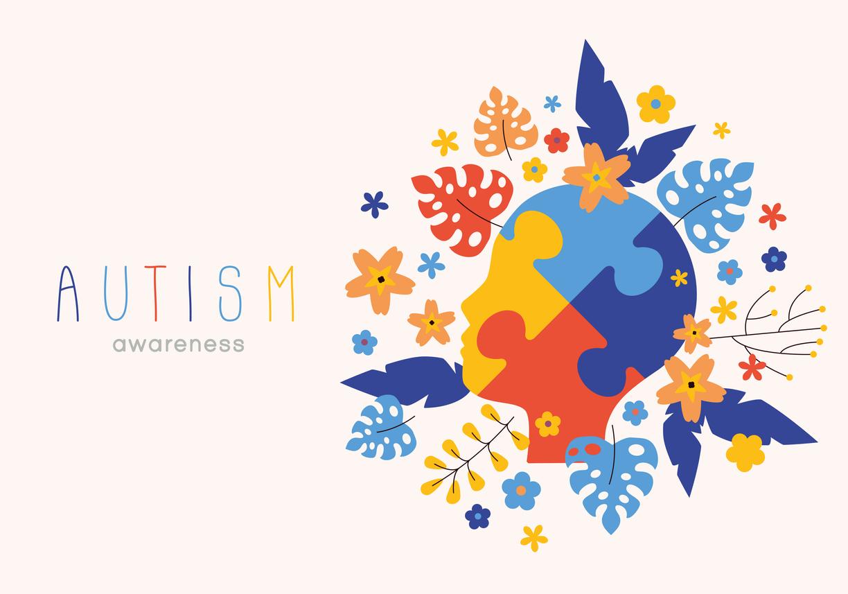 Colorful drawing of a puzzle shaped like a head surrounded by leaves and flowers with text that reads Autism Awareness
