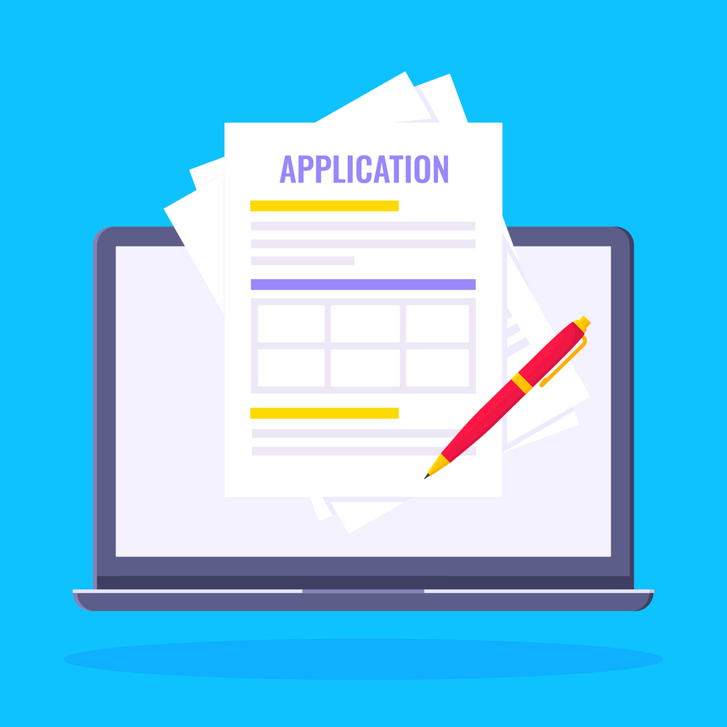 Digital image of application files and a pen in front of a computer, referencing SSDI non-medical application requirements