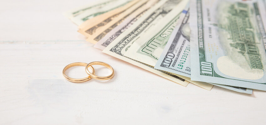 Wedding rings beside fanned out 100 dollar bills representing SSD benefits.